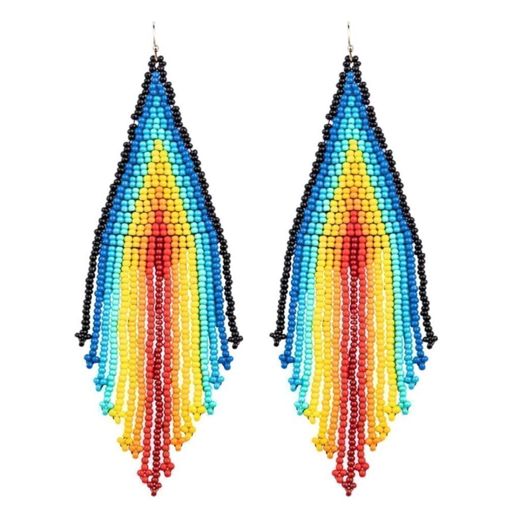 Rainbow Bohemian Seed Bead Tassel Dangling Statement FrenchāWire Hook Earrings